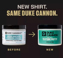 Duke Cannon putty ingredients highlighted for texture and gentle care.
