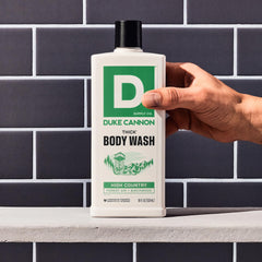 Duke Cannon High Country label closeup emphasizing minerals for skin exfoliation