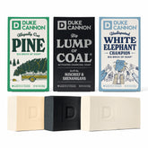 Duke Cannon holiday trio gift box featuring three festive soaps for gifting and daily grooming.