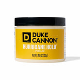 Duke Cannon Hurricane Hold Pomade tin front view showing all-day hold.