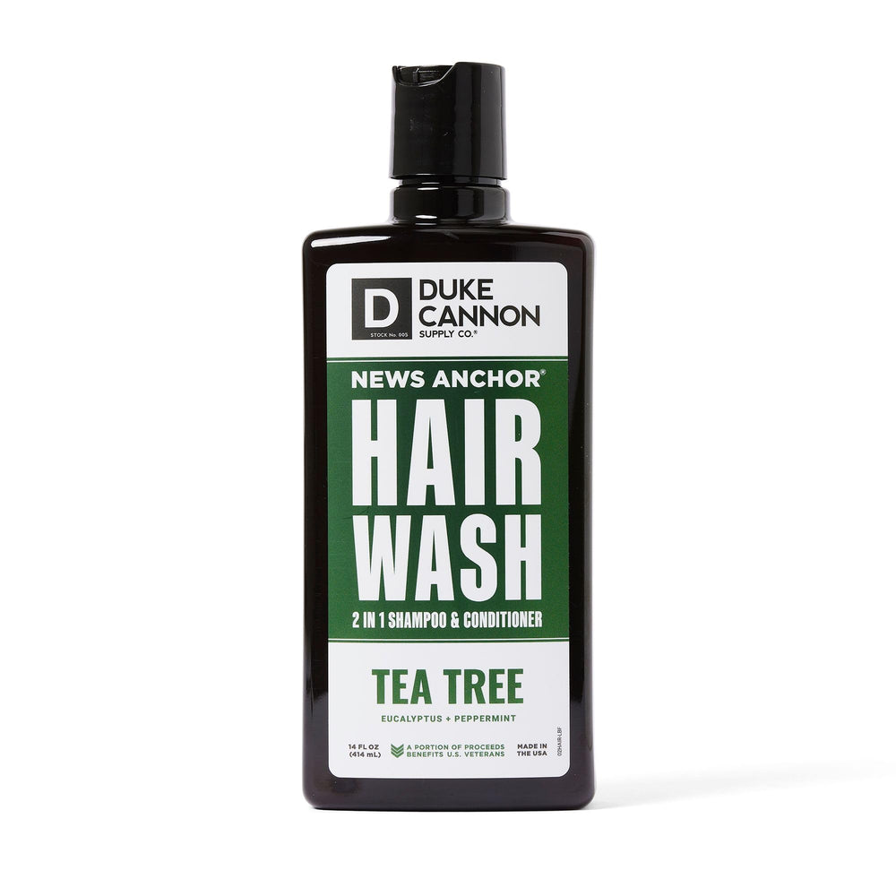 Duke Cannon News Anchor Tea Tree Shampoo Bottle delivering a refreshing cleanse
