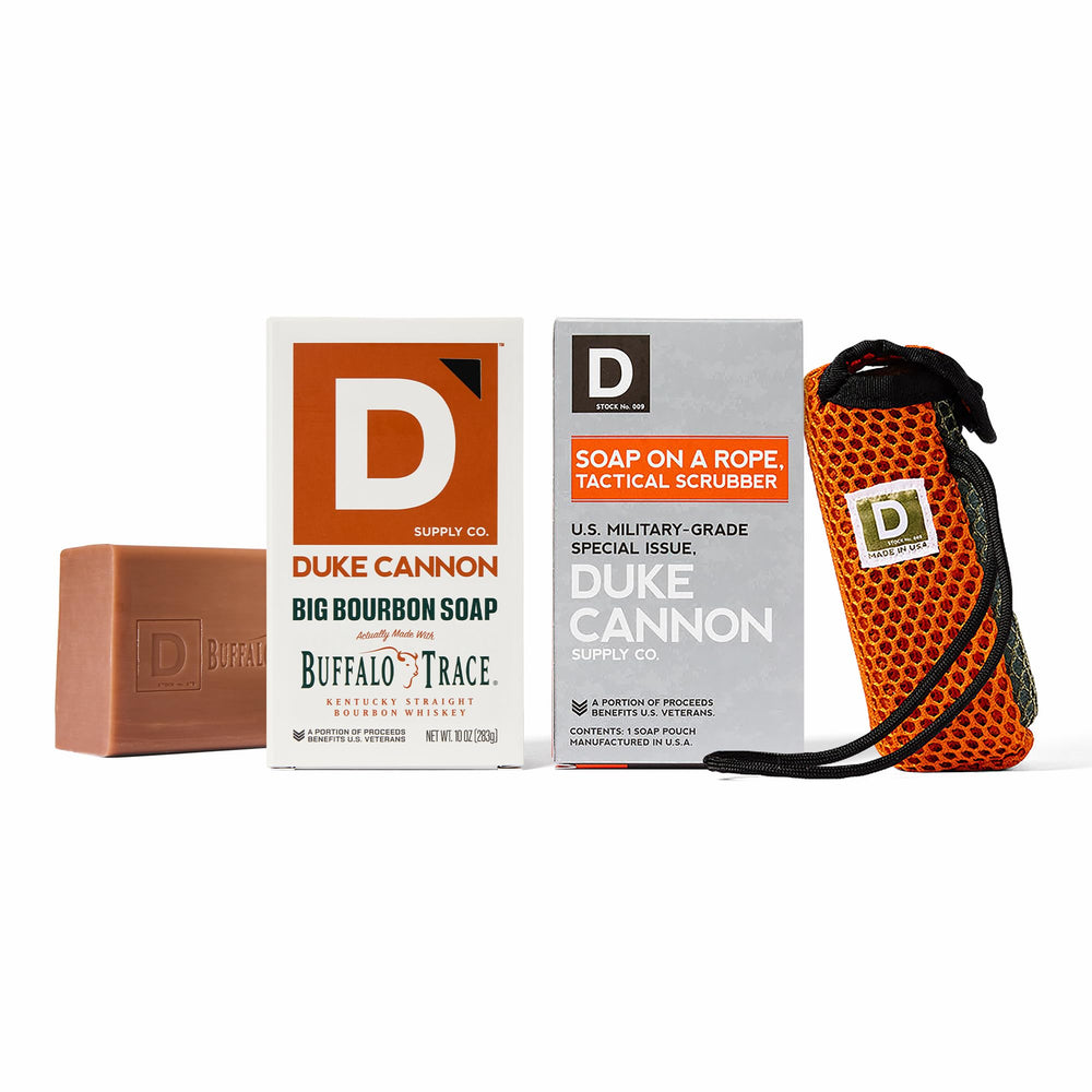 Duke Cannon Tactical Scrubber with oak barrel scent delivers rugged cleansing for outdoor adventures.
