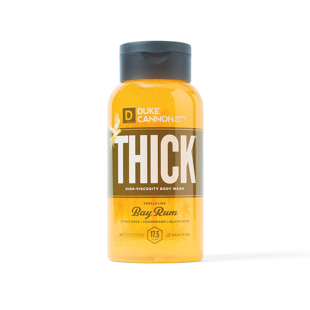 Duke Cannon Thick Body Wash Bay Rum bottle with substantial lather for a refreshing cleanse.