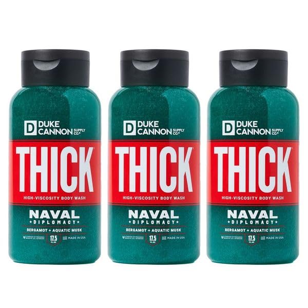 Duke Cannon THICK Naval Diplomacy bottle pouring for a long-lasting, invigorating cleanse.