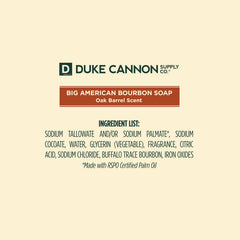 Duke Cannon Big American Bourbon soap bar raw block shows extra-large size for longevity.