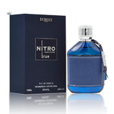Dumont Nitro Blue bottle closeup—energizing scent to sharpen focus during work.