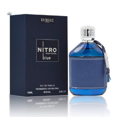 Dumont Nitro Blue bottle closeup—energizing scent to sharpen focus during work.