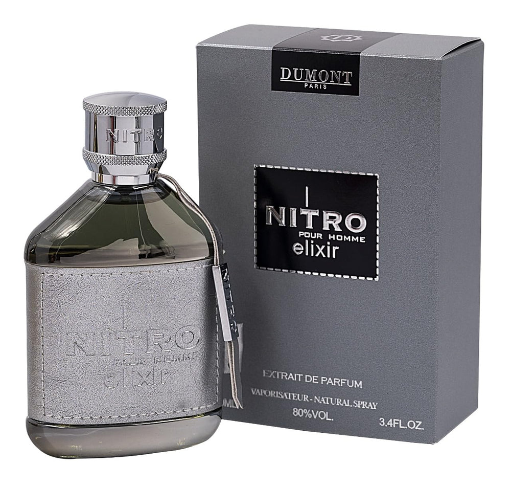Dumont Nitro Elixir bottle close-up with leather wrap and chrome cap for lasting impact.