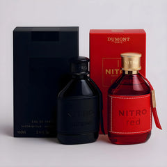 Dumont Nitro Red bottle in crimson promotes confident, energetic evening style.