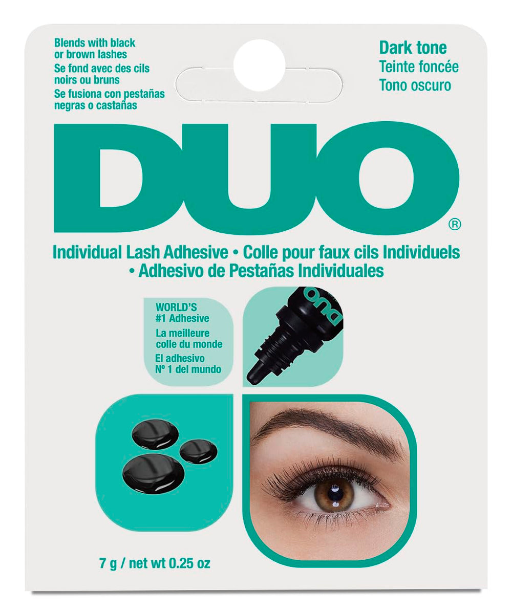 DUO Individual Lash Adhesive Dark bottle highlights fast-drying, dark hold for seamless individual lashes.