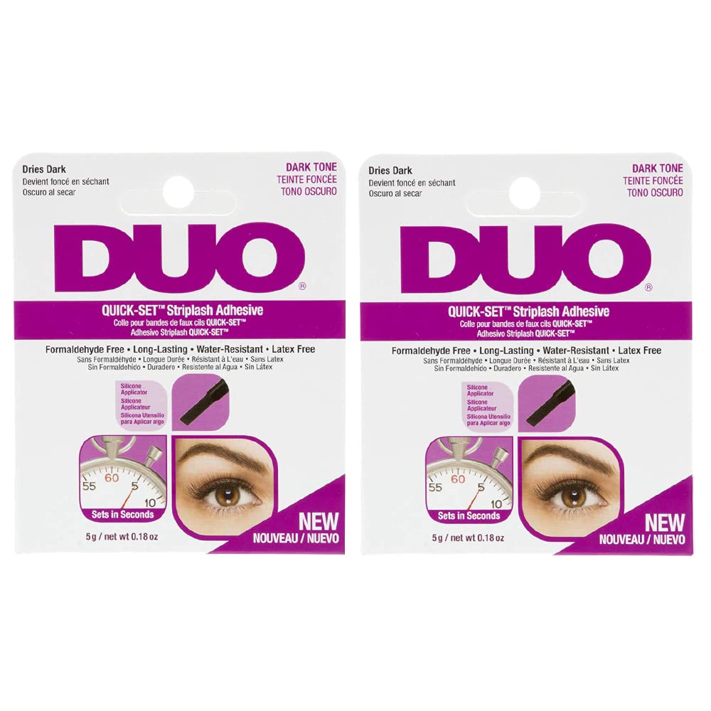 DUO Quick-Set eyelash glue Dark Tone bottle close-up shows secure hold.