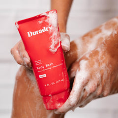 Duradry body wash lather closeup demonstrates deep cleansing action.