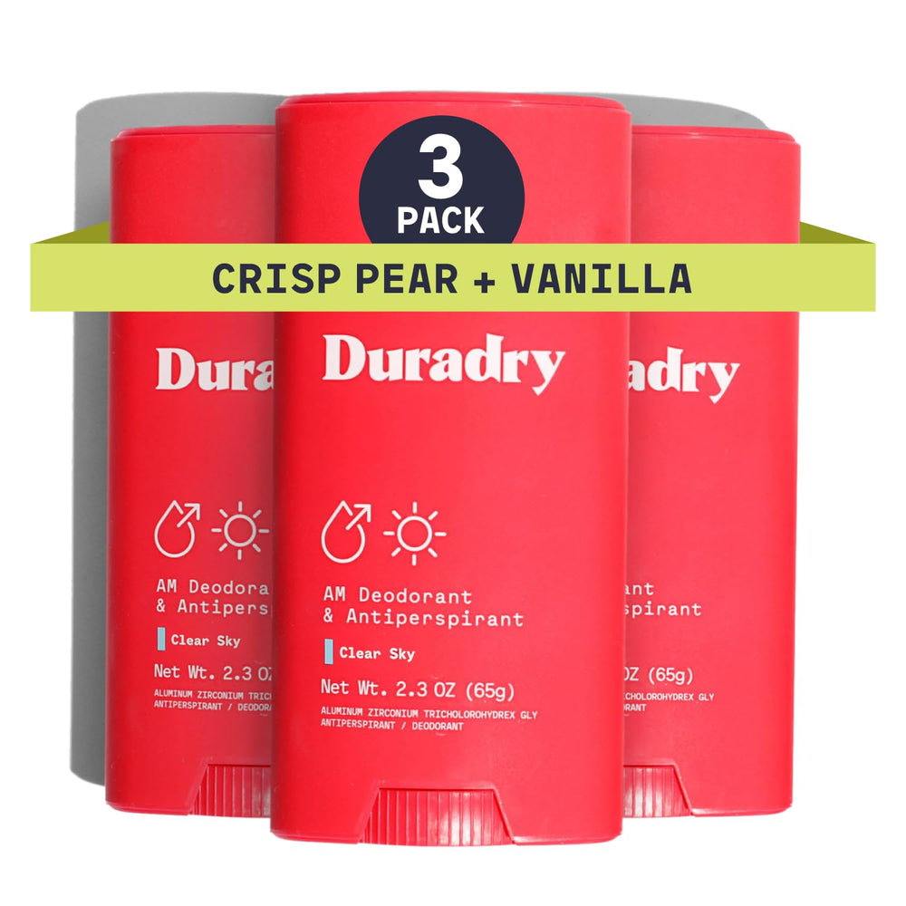 Duradry clinical-strength Clear Sky 3-pack packaging for all-day protection.