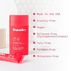 Duradry natural ingredients badge emphasizes gentle daily protection.