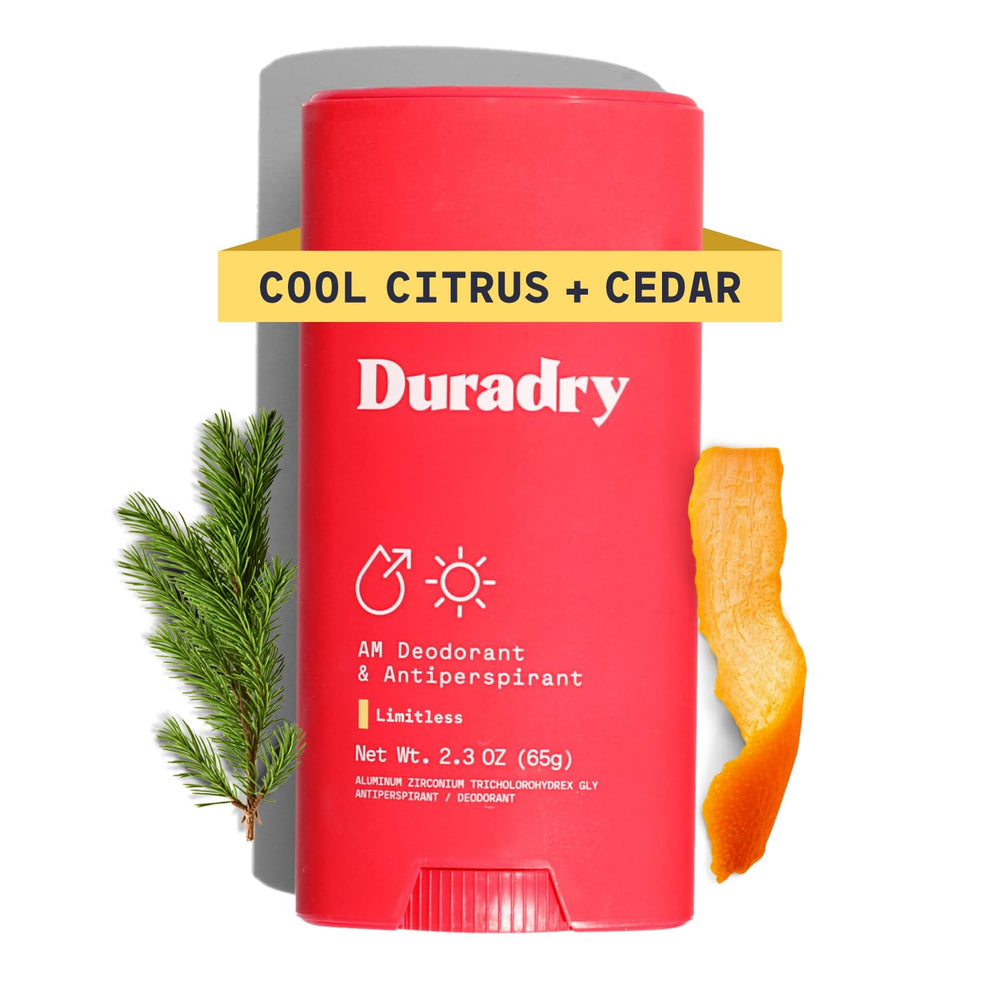 Duradry packaging front highlights cool citrus cedar formula for all-day protection