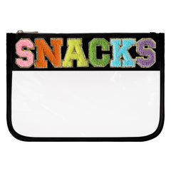 DYSHAYEN chenille letter clear pouch closeup shows bright patches for stylish travel storage