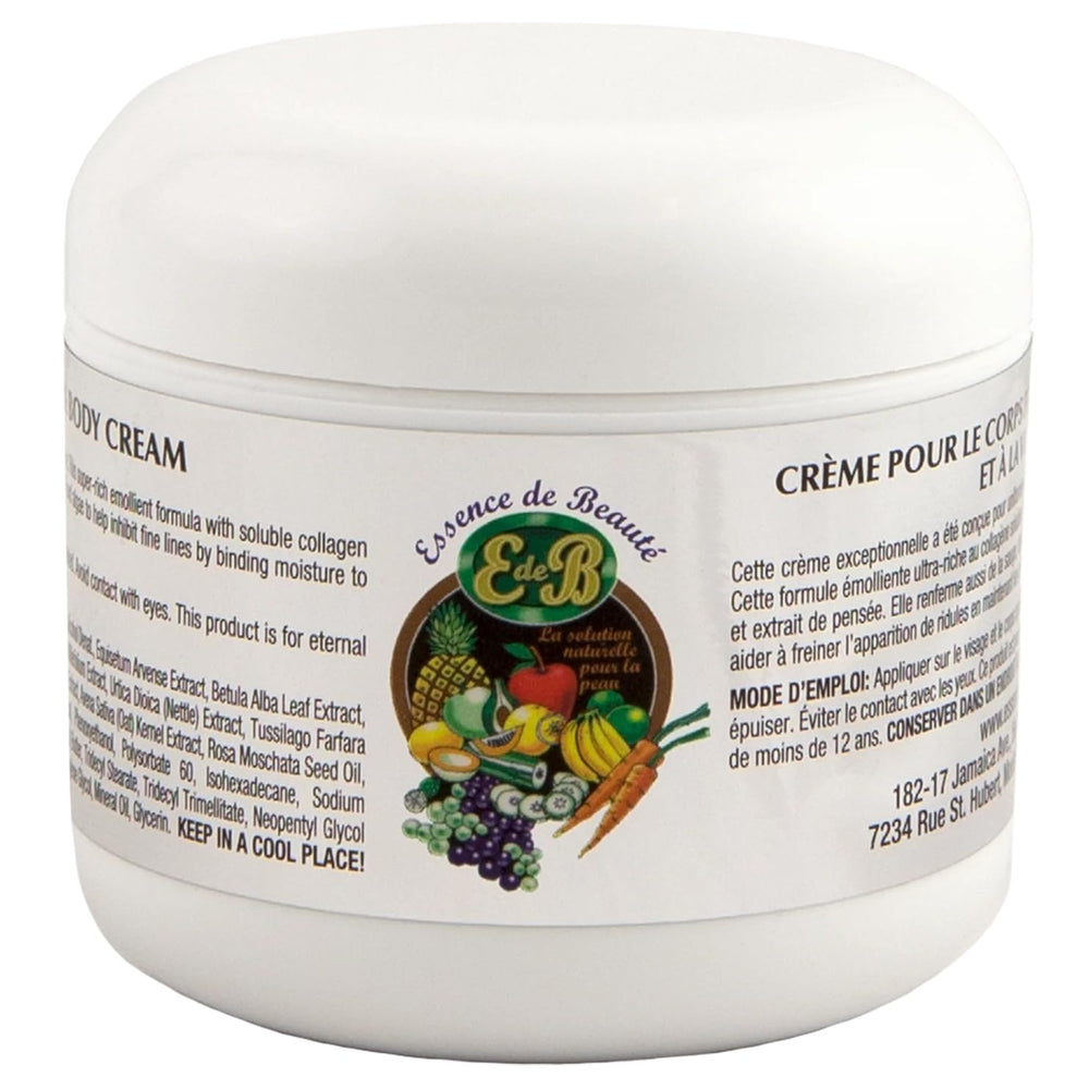 E de B Essence de Beaute cream label closeup highlighting hydrating skincare benefits.