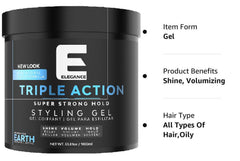 E Elegance Earth Fragrance gel being applied for precise styling and hold.