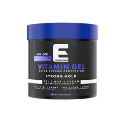 E Elegance Vitamin Gel bottle front view shows strong hold and radiant shine.