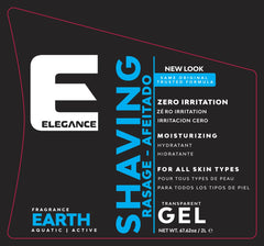 E Elegance transparent shaving gel label closeup with aquatic-earth fragrance.