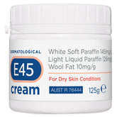 E45 Dermatological Cream 125G tub front shows trusted hydration for dry skin.