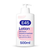E45 Dermatological Moisturising Lotion bottle highlighting long-lasting hydration.