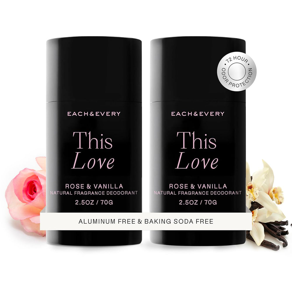 Each & Every rose-vanilla deodorant pack offers all-day freshness with aluminum-free formula.
