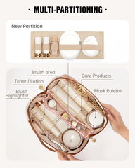Eachy makeup bag interior with divider and pockets for cosmetics organization.