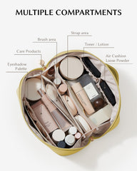 Eachy travel makeup bag showing divider and brush compartment for neat organization.