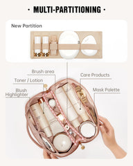 EACHY travel makeup bag pink flat-opening full view for quick access.