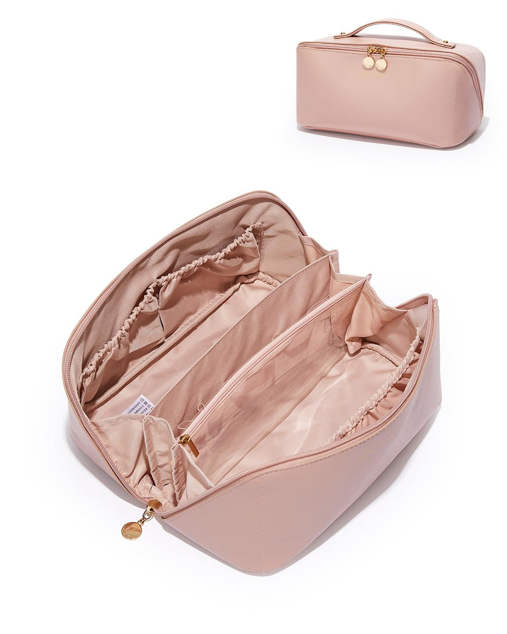 EACHY travel makeup bag pink large-capacity front view enables organized cosmetics on the go.
