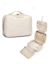 EACHY Travel Toiletry Bag Plait White open—spacious compartments for quick access during travel.