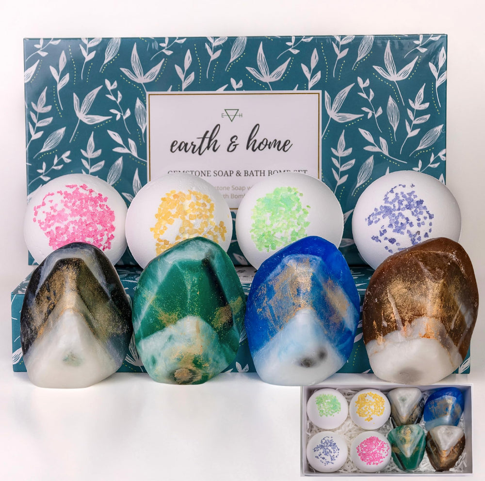 Earth & Home gemstone soap decorative rocks enhance bathroom decor and gifting appeal.