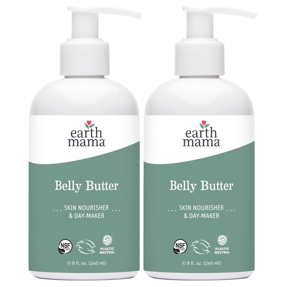Earth Mama Belly Butter jar closeup shows rich texture for dry skin care.