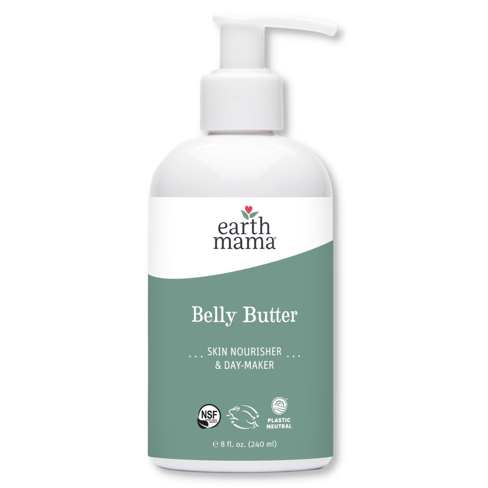 Earth Mama Belly Butter tub front, a rich moisturizer for pregnancy skin care.
