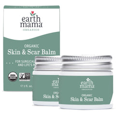 Earth Mama Organic Skin & Scar Balm jar closeup showing rich texture for soothing skin.