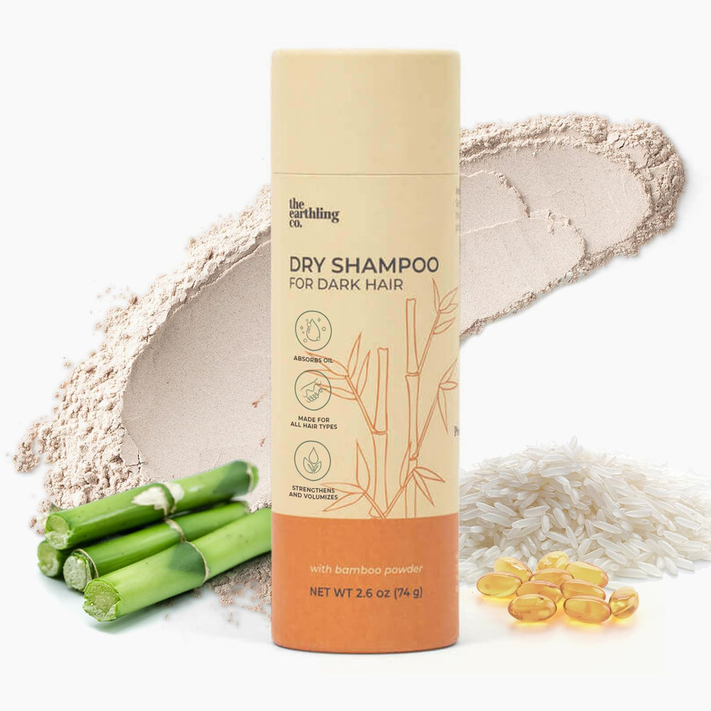 The Earthling Co. dry shampoo bottle shows a non-aerosol refresh for oily hair.