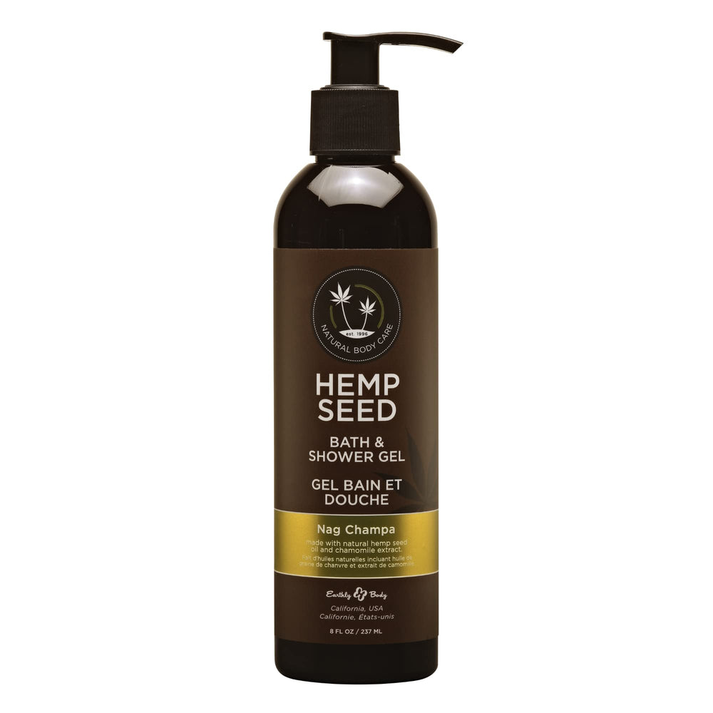 Earthly Body Hemp Seed Bath & Shower Gel Nag Champa bottle delivers nourishing cleansing.