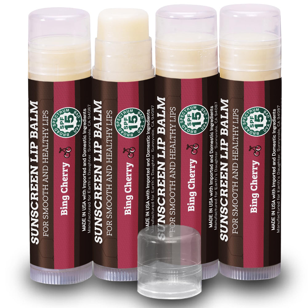 Earth's Daughter SPF Lip Balm Cherry Flavor 4-Pack packaging shown with recyclable tubes for easy sun protection.