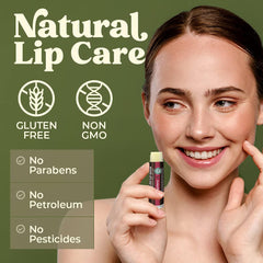 Earth's Daughter SPF Lip Balm Cherry Flavor 4-Pack tubes close-up highlighting cherry flavor and hydration.