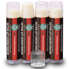 Earth's Daughter SPF Lip Balm Strawberry 4-pack packaging shows eco-friendly design for gifting.