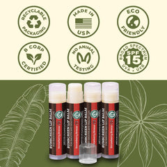 Earth's Daughter SPF Lip Balm Strawberry sunscreen film on lips suggests UVA/UVB coverage.