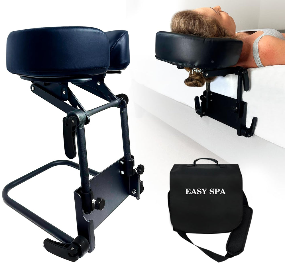 easy-spa headrest on a massage table shows adjustable height for personalized comfort