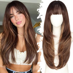 Eawwii long brown highlight wig scalp closeup shows realistic parting for versatile styling