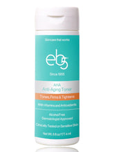 Beneath the label, the eb5 Aha Toner bottle front view highlights an alcohol-free formula for sensitive skin.