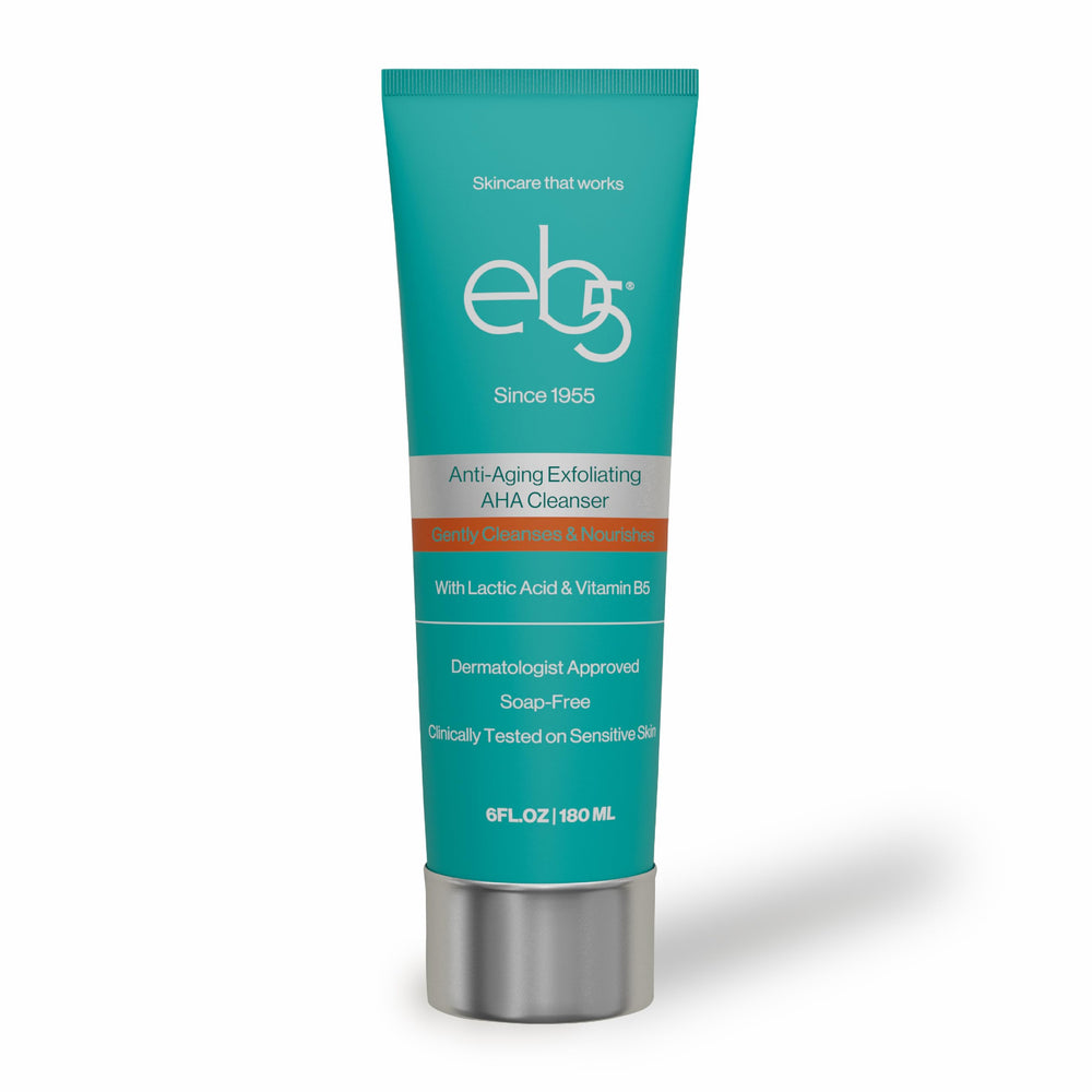 eb5 Exfoliating AHA Cleansing Lotion tube front view promotes daily glow with gentle cleansing.