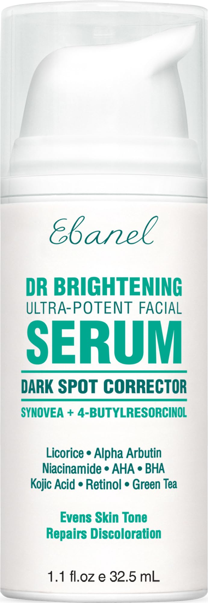 Ebanel dark spot remover bottle closeup shows premium packaging and brightening serum for even skin tone