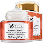 Eclat Skincare Retinol Night Cream jar closeup promotes hydrated, smoother skin.