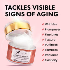 Eclat Skincare Retinol Night Cream panel ingredients highlights bakuchiol and green tea benefits.