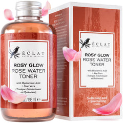Eclat Skincare Rose Water Toner bottle closeup highlights hydrating, alcohol-free facial care.